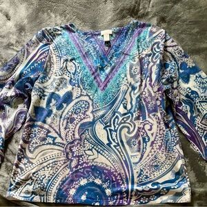Chico's Blue and Purple Graphic Shear Sleeve Blouse, Size 2 (12/14).